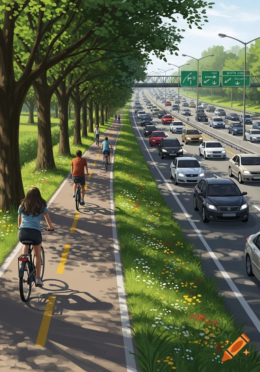 Illustrative scene of cyclists on a tree-lined bike path next to a busy multi-lane highway with heavy traffic and wildflowers.