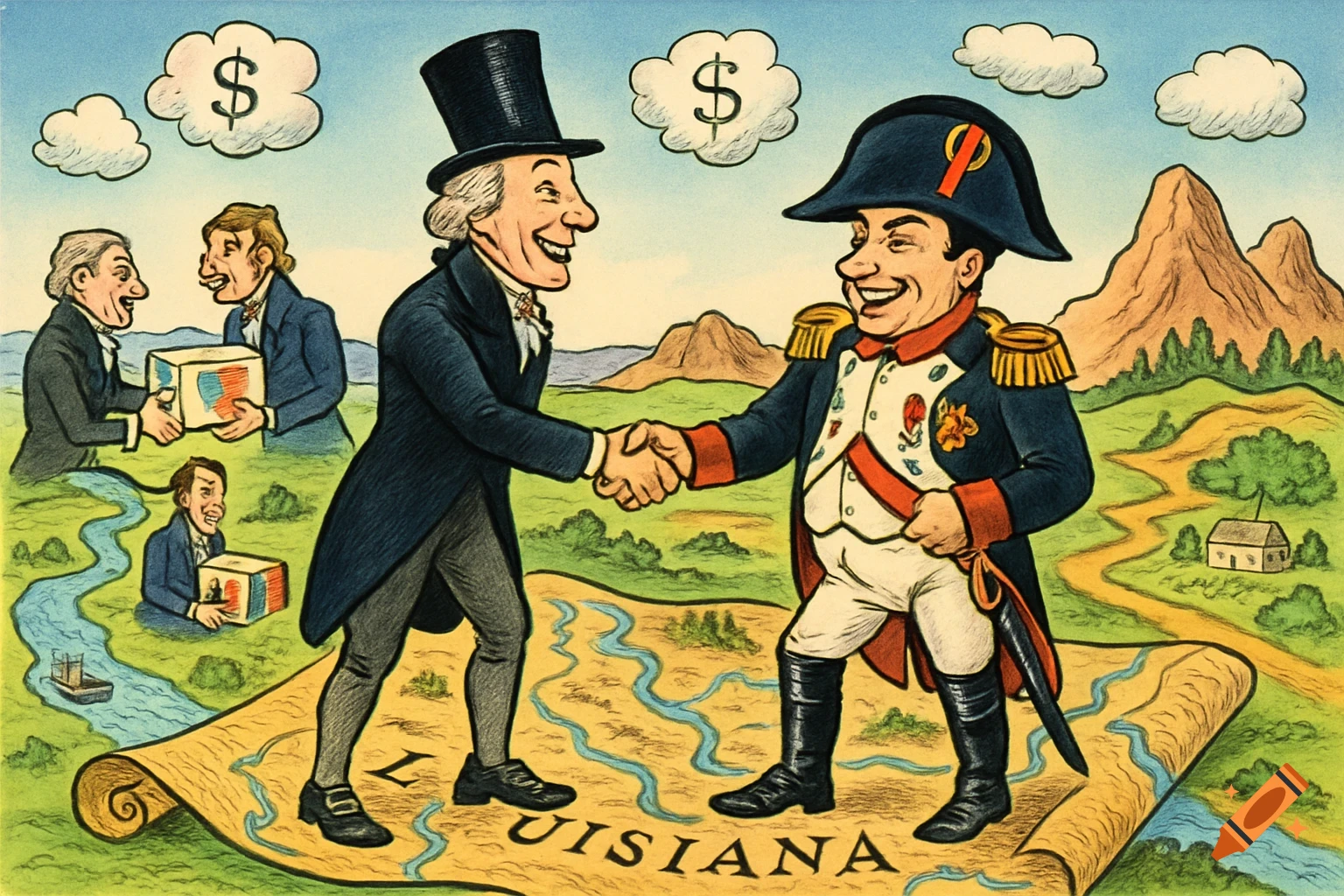 A political cartoon depicting the Louisiana Purchase, with a man in a top hat shaking hands with Napoleon over a map of 'LOUISIANA'.
