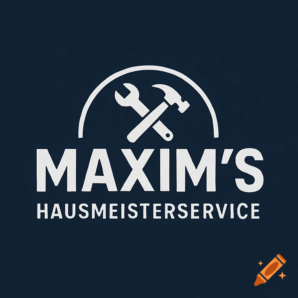 Blue background logo with a white wrench and hammer icon above "MAXIM'S HAUSMEISTERSERVICE" text.