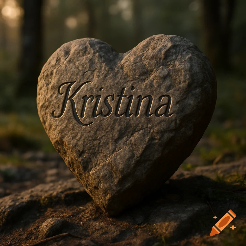 Photorealistic heart-shaped stone with "Kristina" carved into it, resting on forest rocks bathed in sunlight.