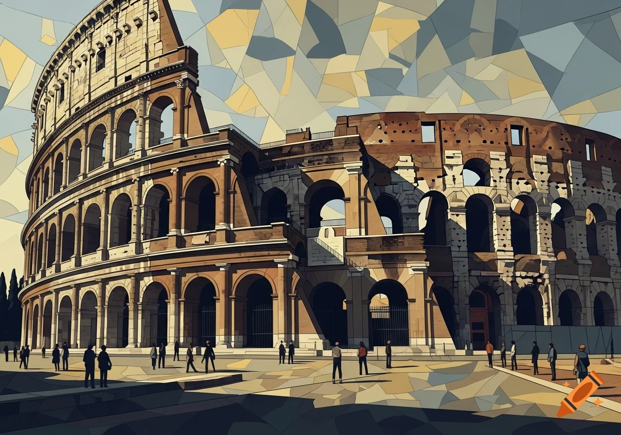 Cubist illustration of the Colosseum in Rome, with stylized people on the ground in front of it.