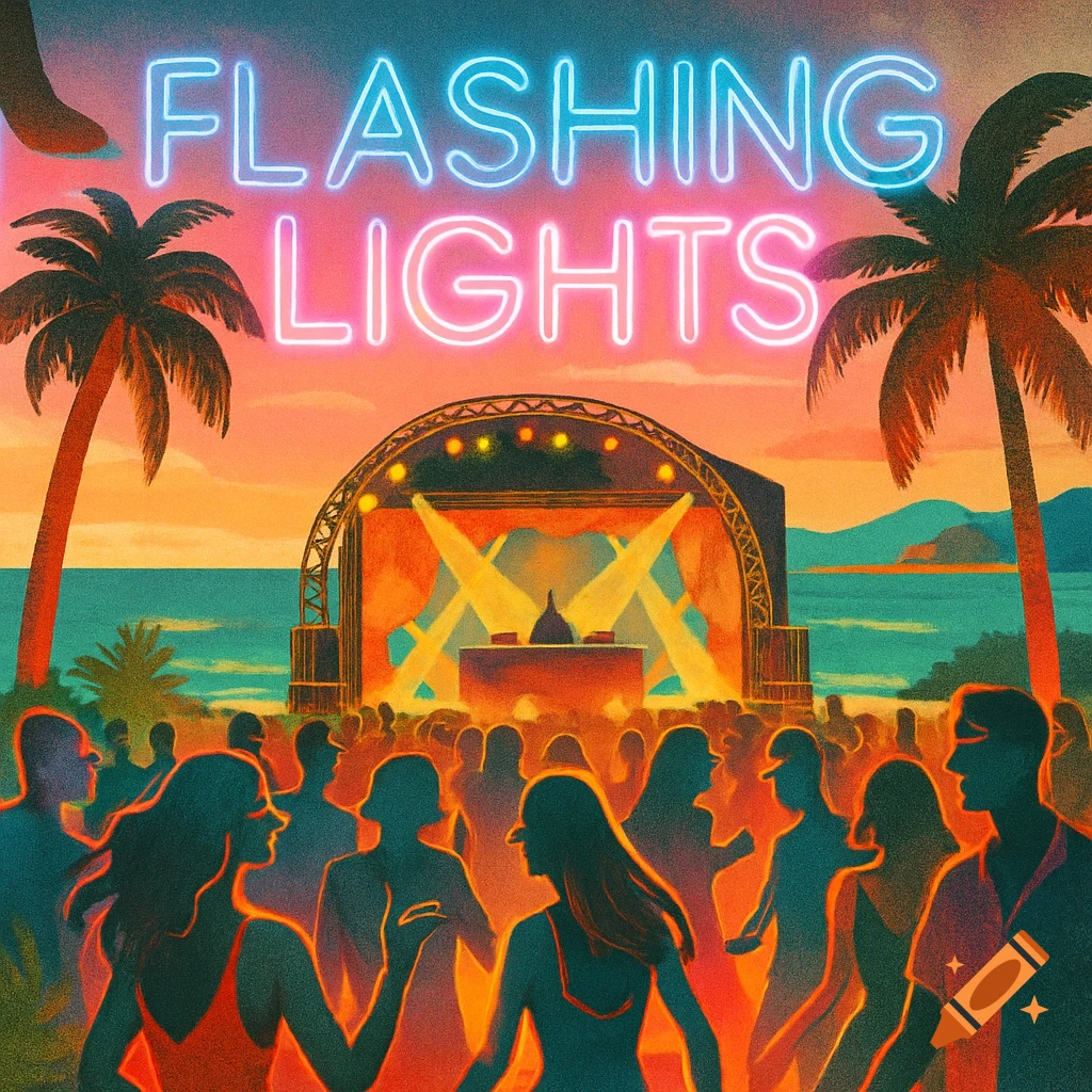 A vibrant beach rave scene at sunset with people dancing, a stage, palm trees, and neon text 'Flashing Lights'.