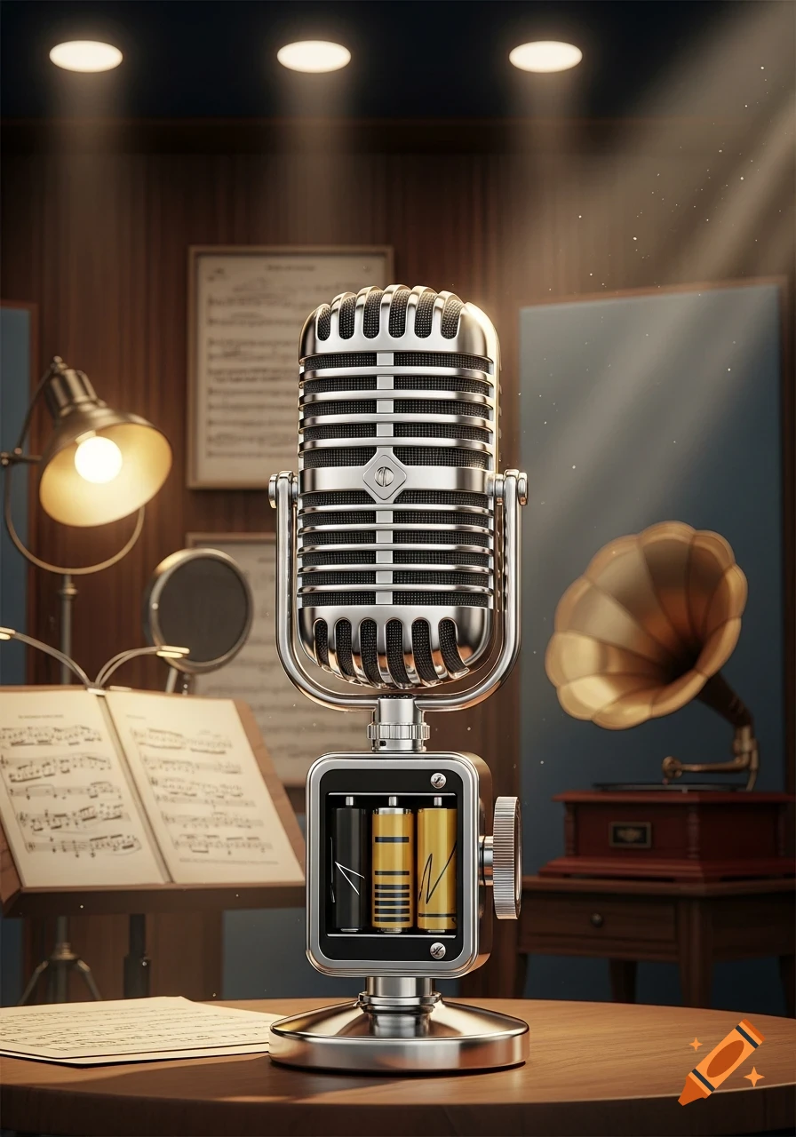 A detailed 1940s style wireless microphone with visible batteries sits on a wooden table in a dimly lit studio, surrounded by sheet music and a gramophone.