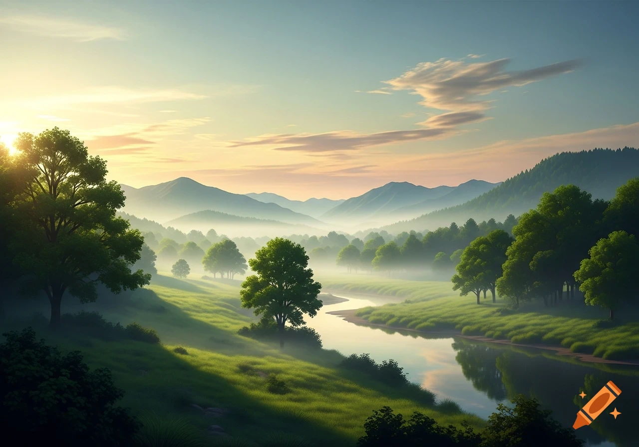 Sunrise over a misty river valley with green hills and a winding river, flanked by lush trees and distant mountains.