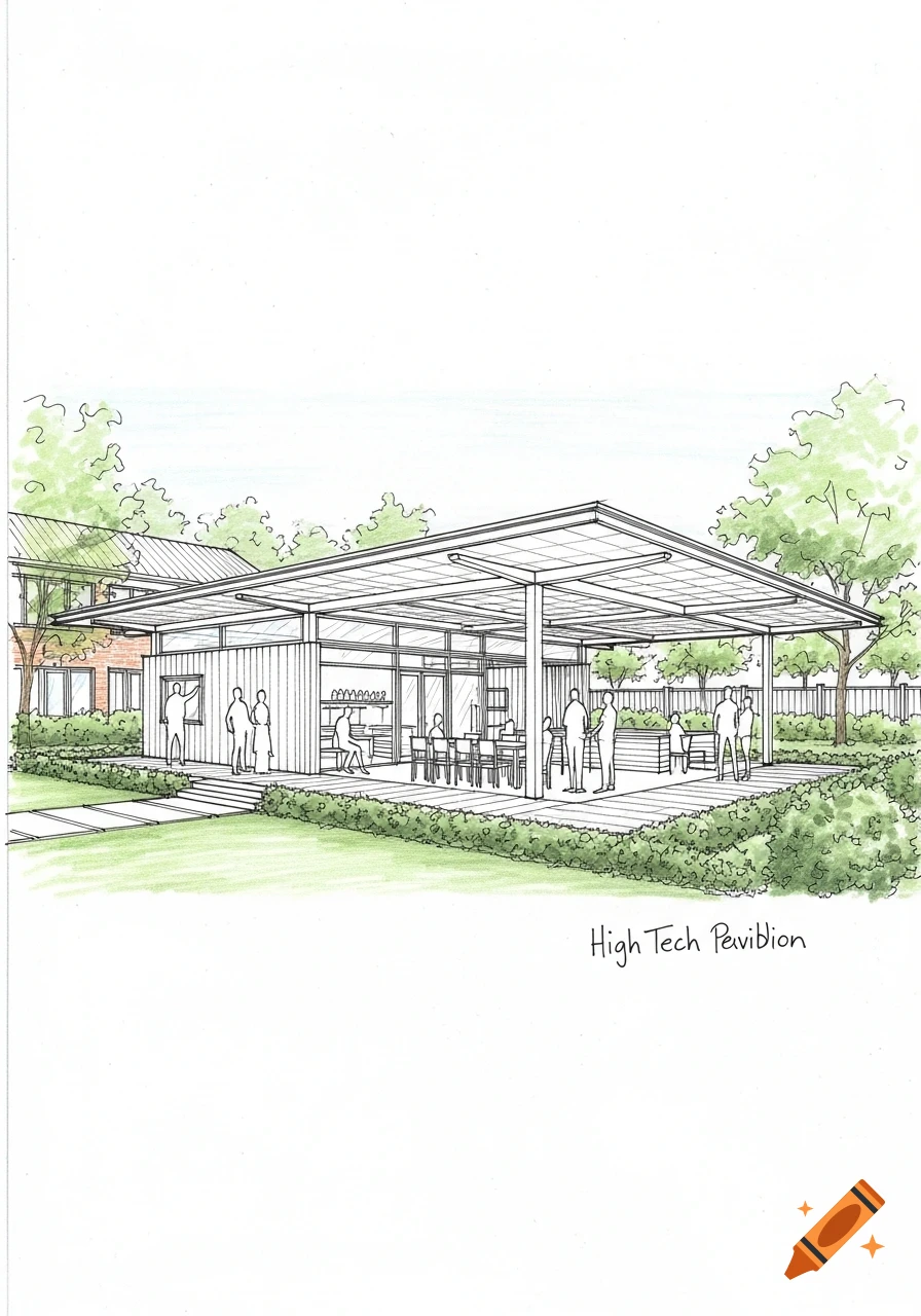 Hand-drawn architectural sketch of a modern pavilion with large windows, an open roof structure, stylized people, and landscaping.