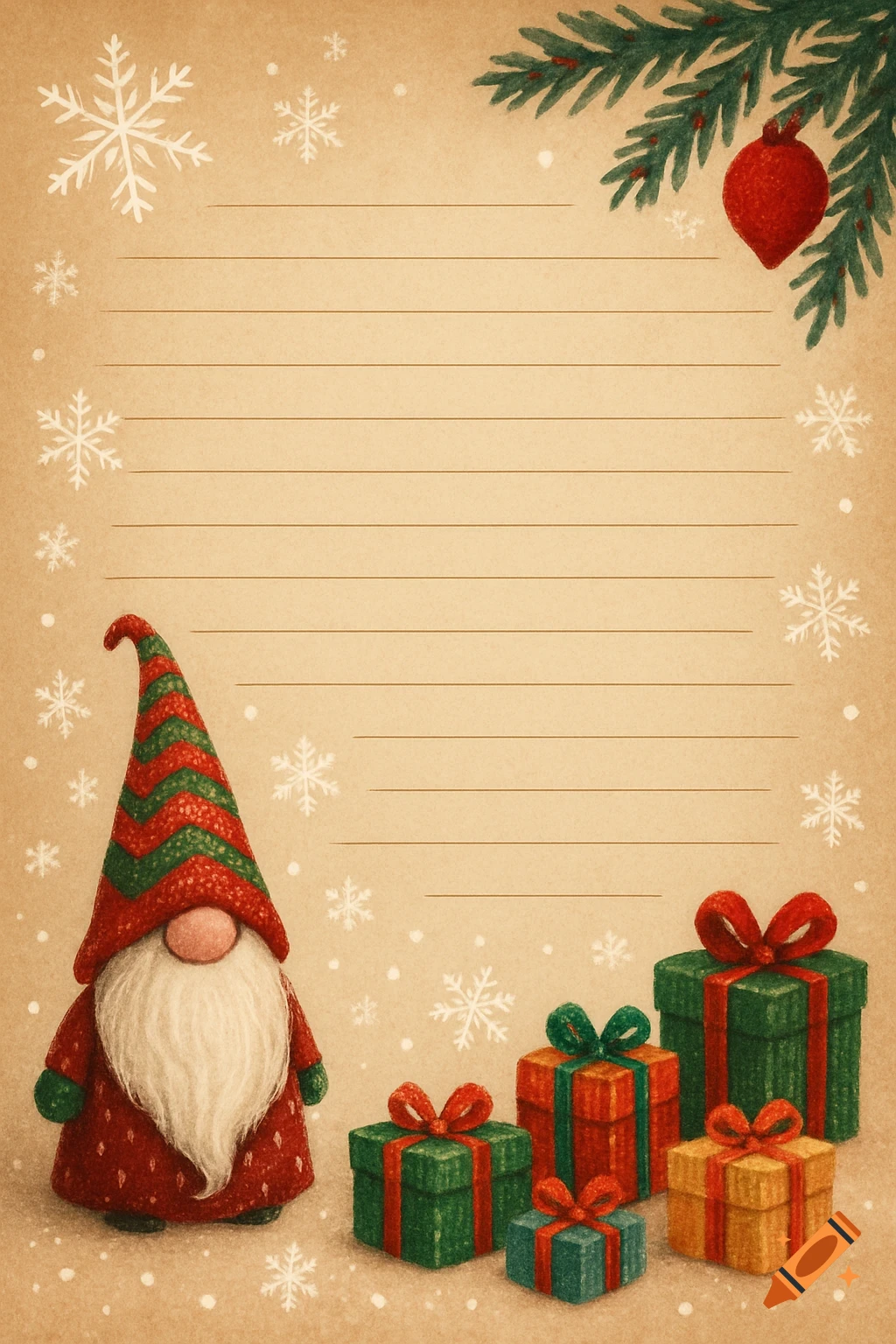Christmas letter paper with a gnome, gifts, snowflakes, and a fir branch in watercolor style.