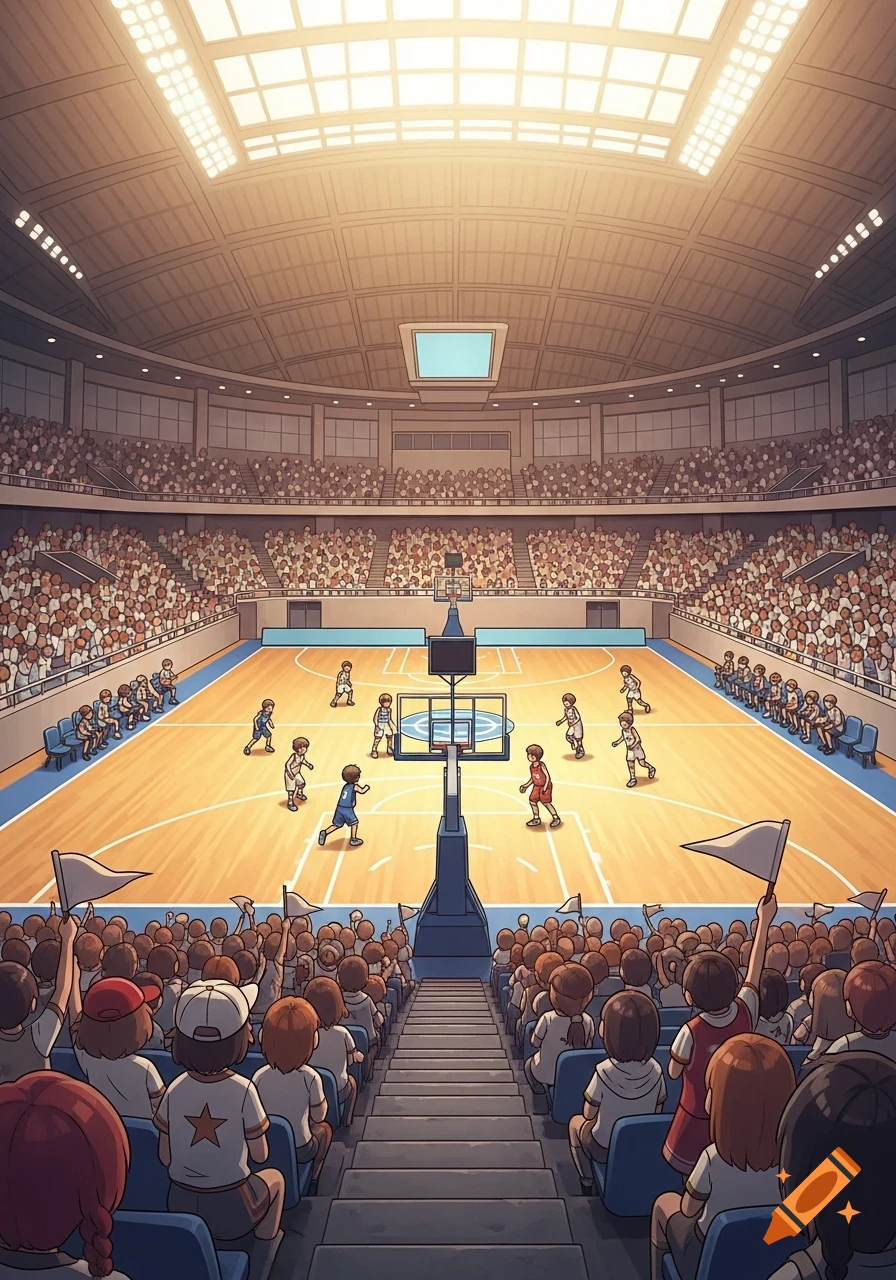 Cartoon basketball game in a grand stadium with players on the court and a lively crowd watching.