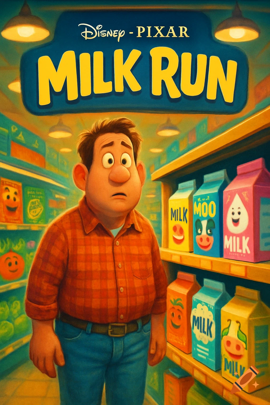 Disney Pixar movie poster for 'Milk Run' shows a wide-eyed man in a grocery store aisle next to milk cartons.