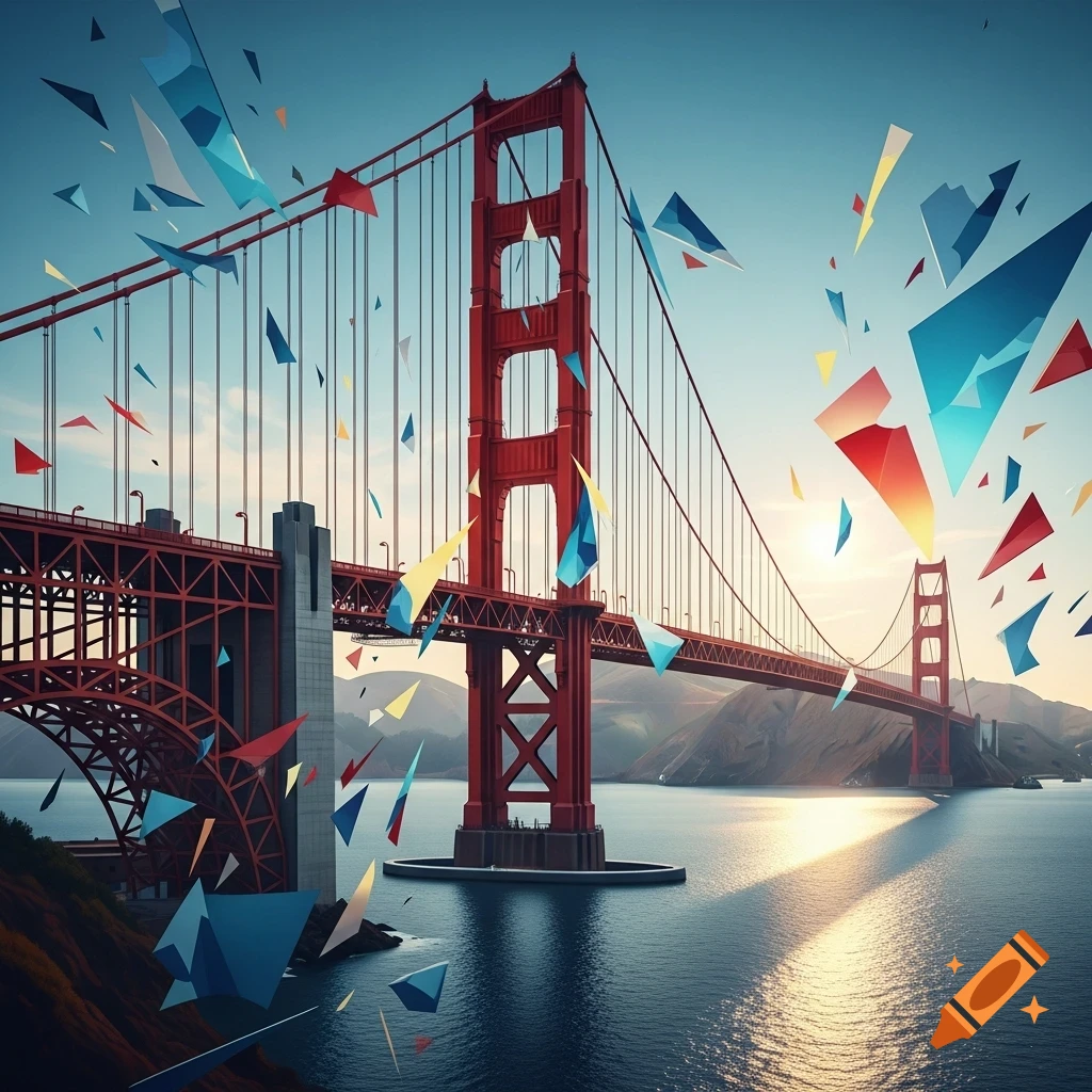 Cubist Golden Gate Bridge at sunset, surrounded by colorful geometric shards reflecting in the water.