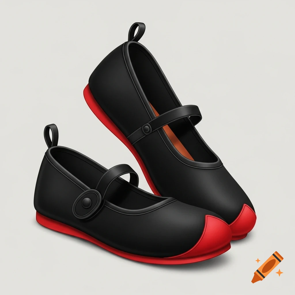 Two stylized black Mary Jane shoes with bright red soles and toe caps are depicted on a light gray background.