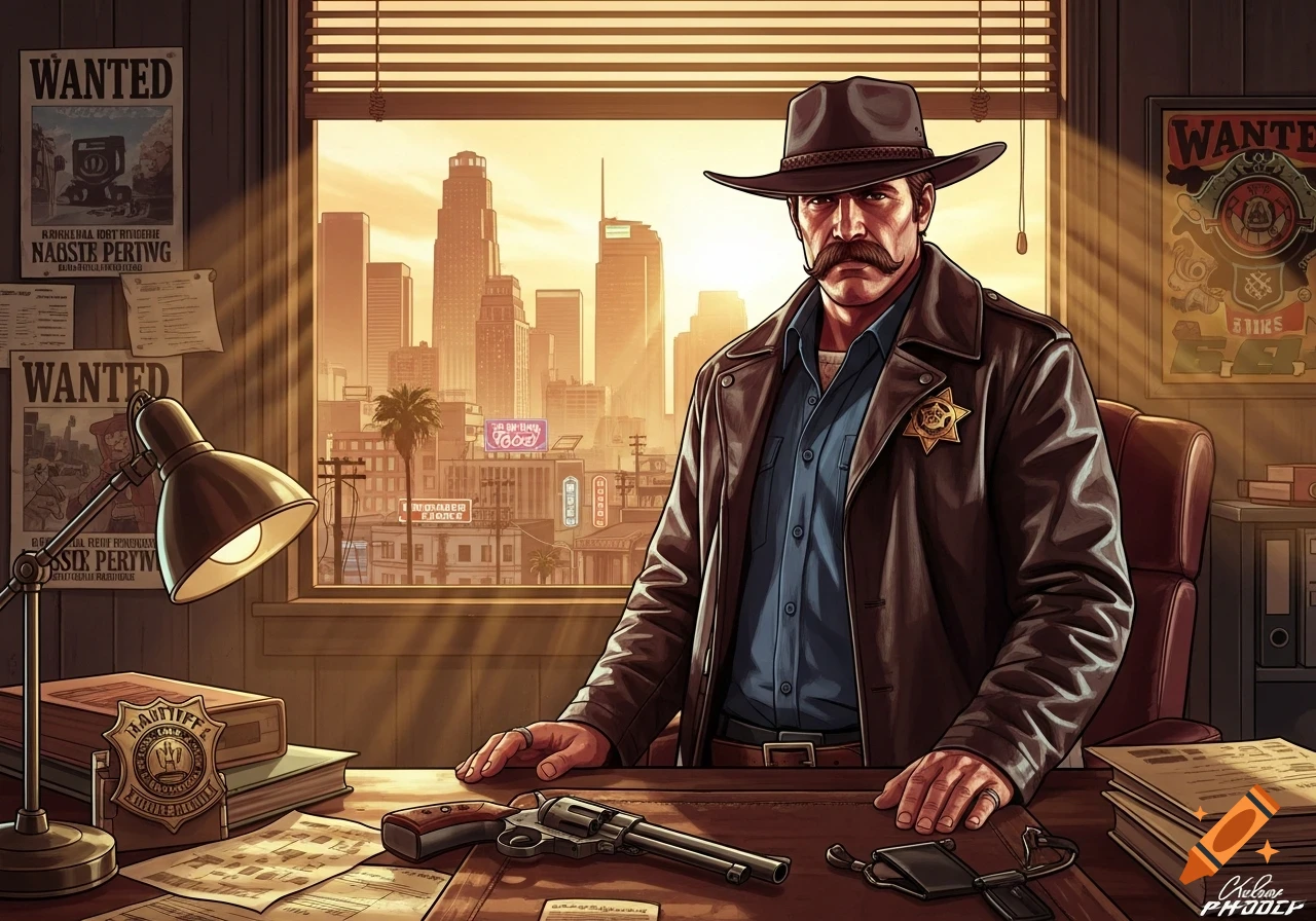 A stylized sheriff with a mustache and cowboy hat sits at a desk with a gun, overlooking a sunny city skyline.