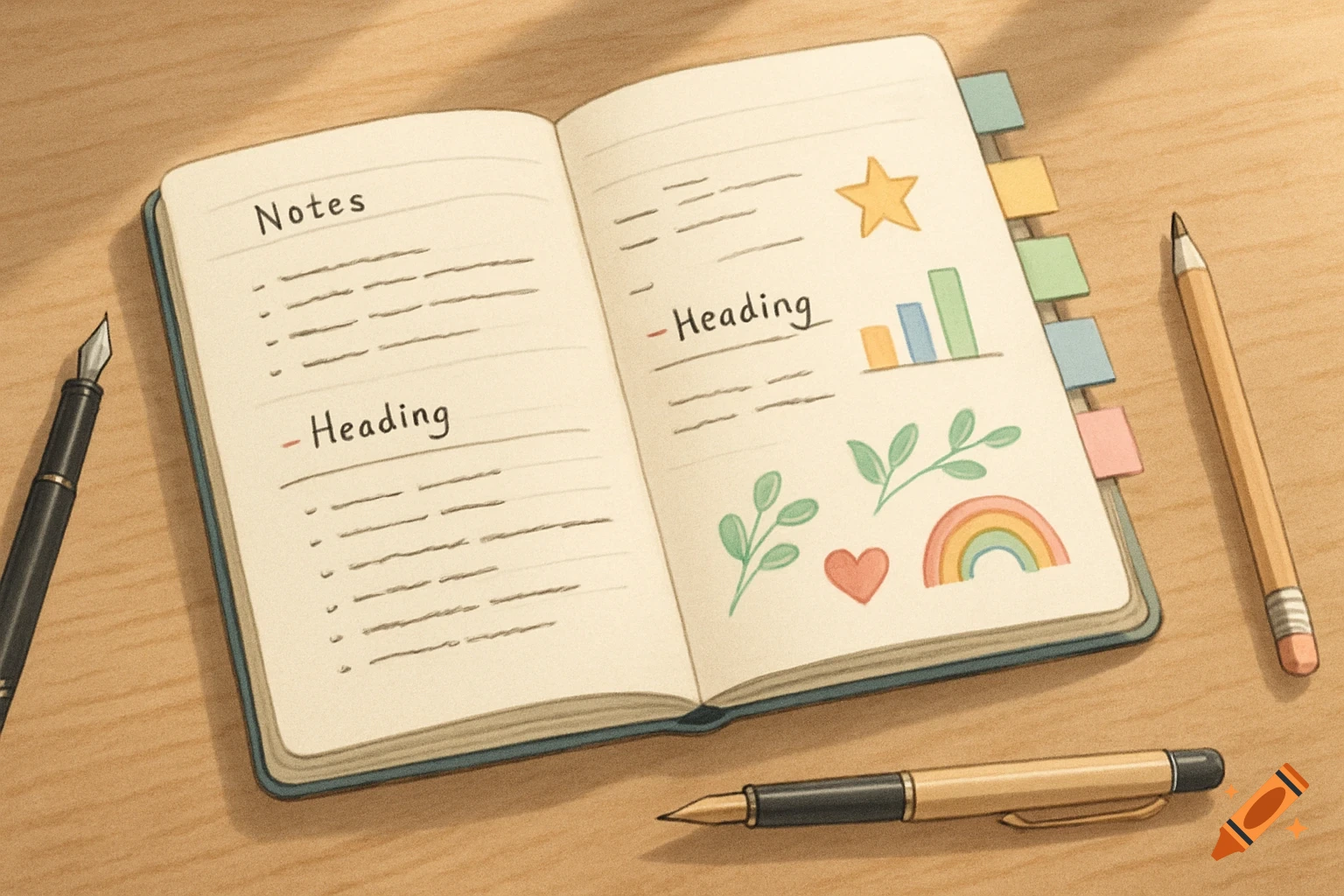 An open notebook with "Notes" and "Heading" written on its pages, adorned with colorful doodles like a star, bar chart, leaves, heart, and rainbow. A fountain pen, a ballpoint pen, and a pencil rest on the wooden desk beside it.
