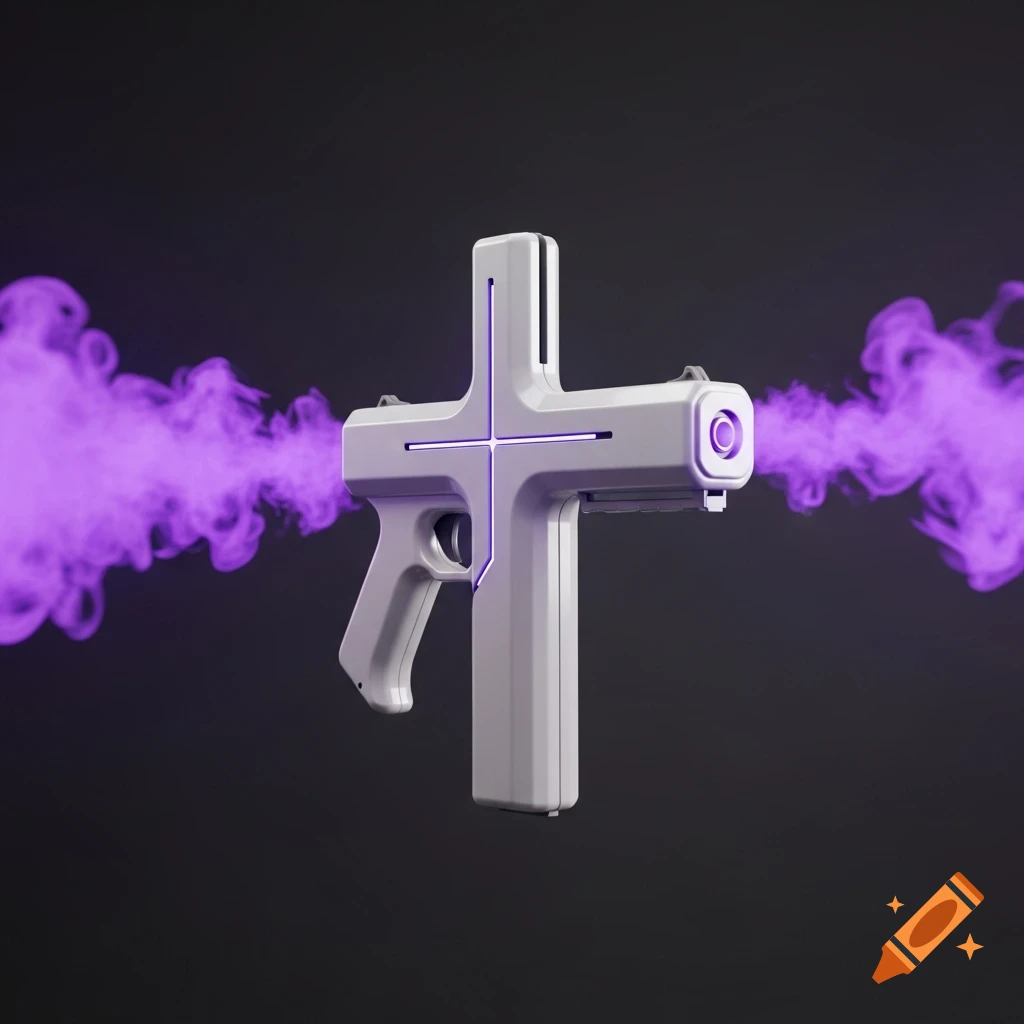 A photorealistic white, cross-shaped futuristic gun with glowing purple accents emits purple smoke against a dark background.