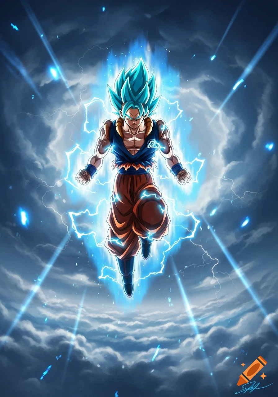 Goku in Super Saiyan Blue form, surrounded by glowing blue energy and lightning, floats above clouds in an anime style.