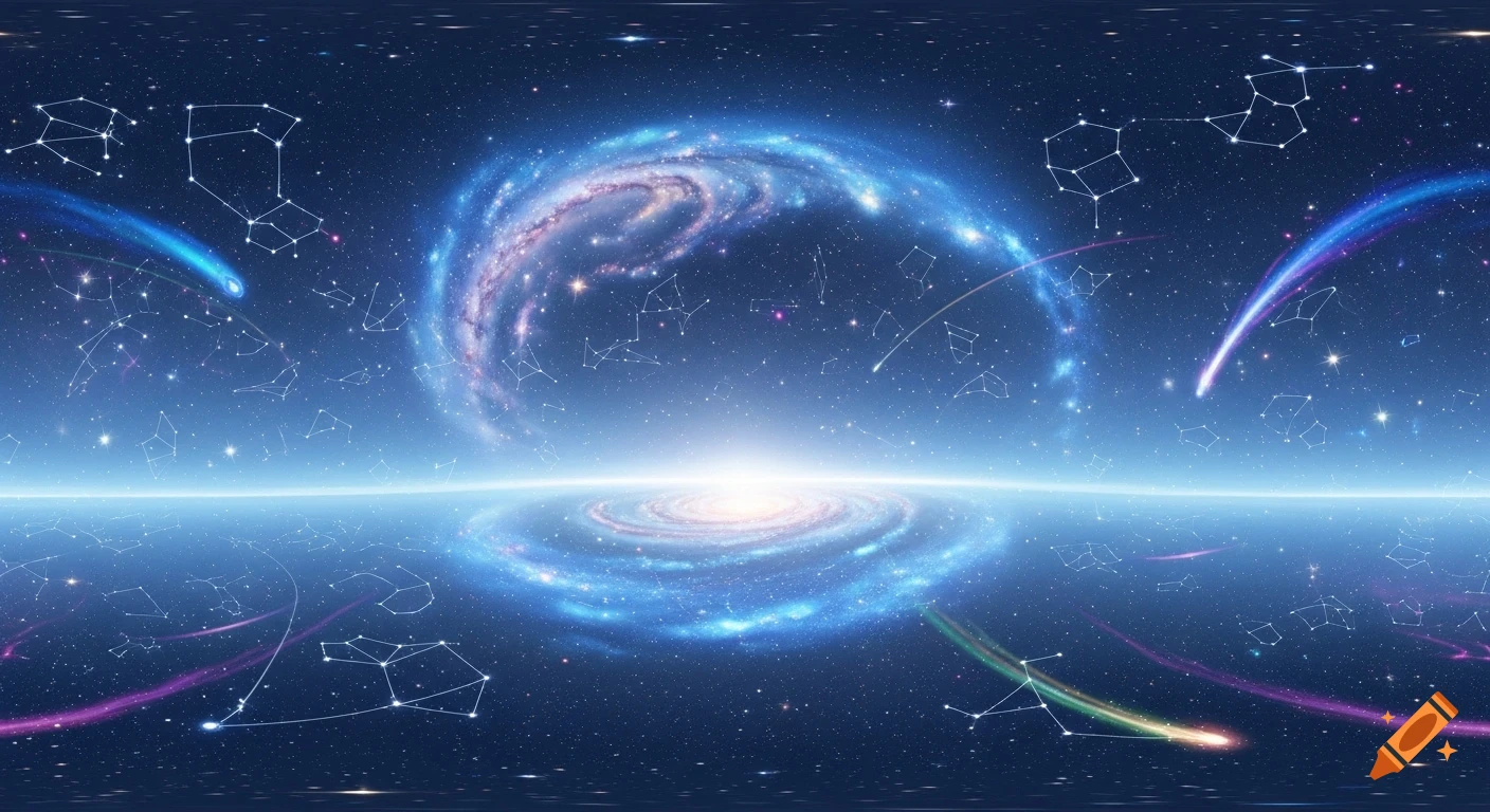 Anime-style 360-degree panorama of a vibrant blue galaxy, with constellations, shooting stars, and a bright central light.