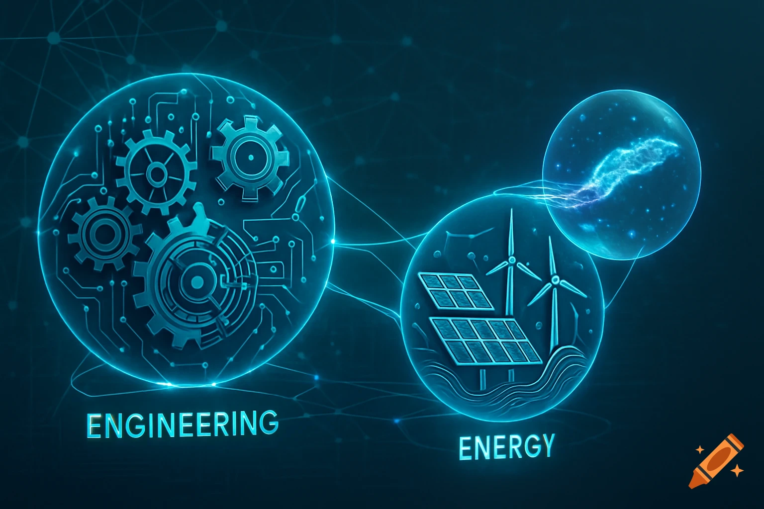 Abstract digital art with glowing blue spheres representing engineering (gears, circuits) and energy (solar panels, wind turbines), connected by lines on a dark background.
