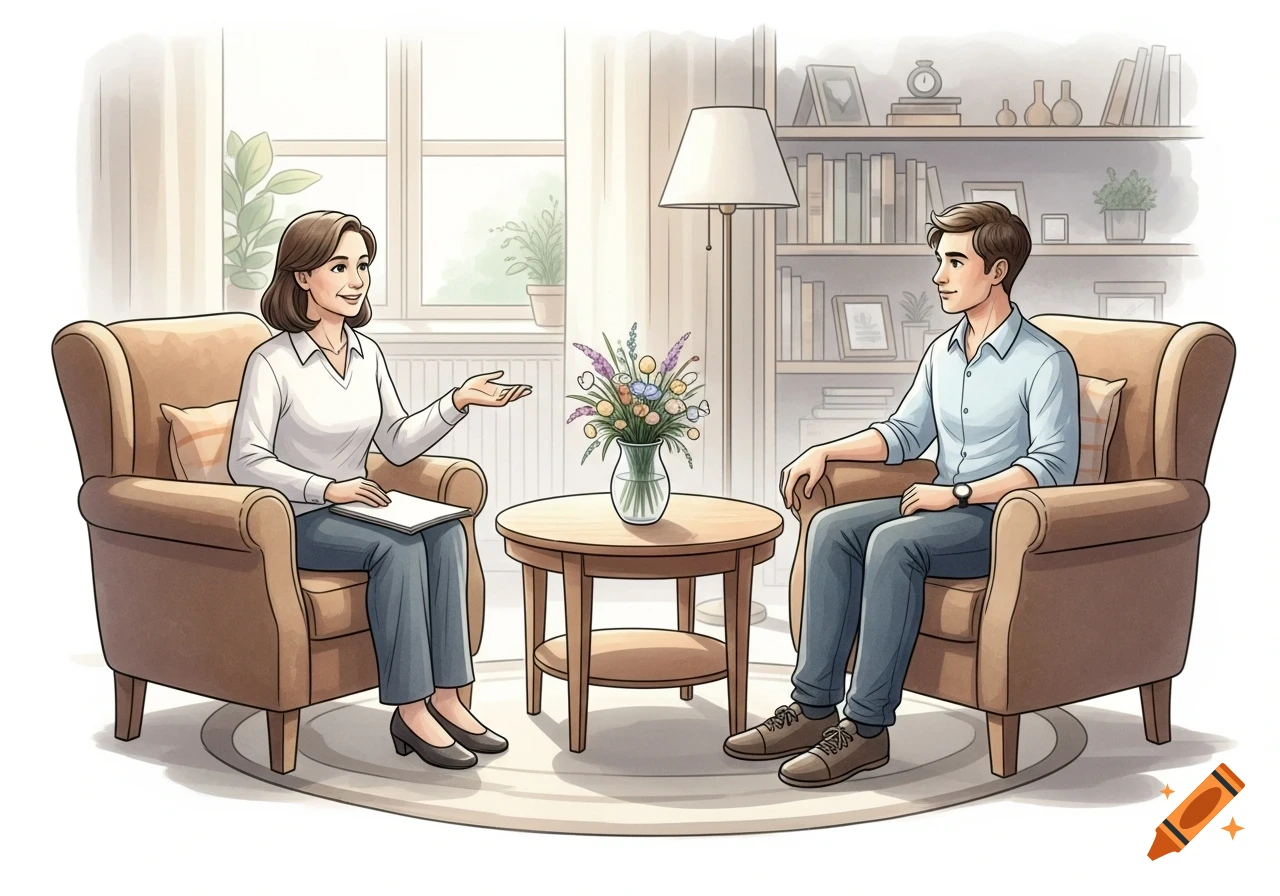 Illustration of a woman and a man in a therapy session, seated in armchairs and talking.