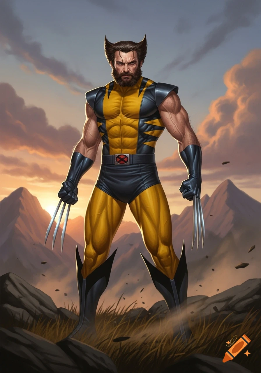 Wolverine in his classic yellow and black suit, claws extended, stands heroically in a mountainous landscape at sunset.