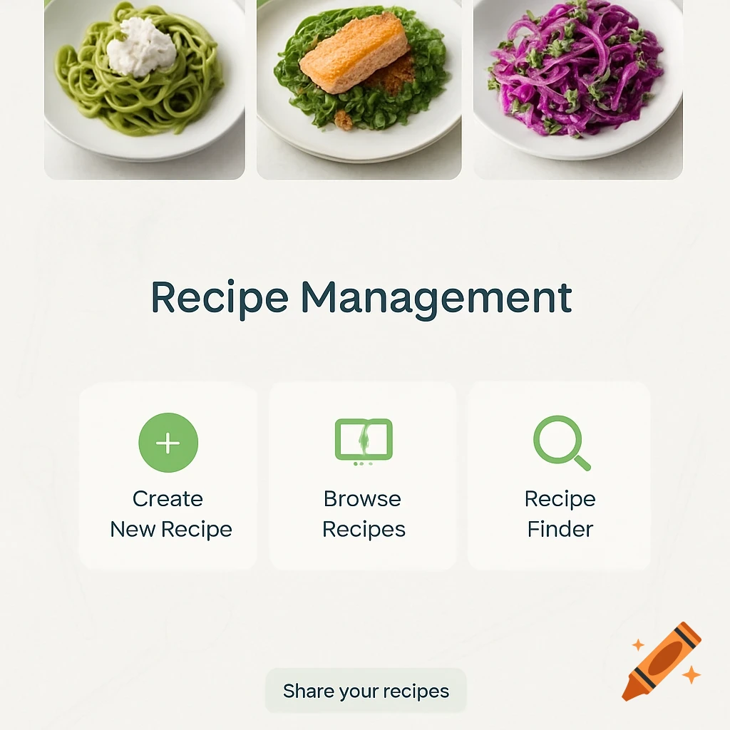 A minimalistic website homepage for recipe management featuring three food dishes at the top and three buttons below for creating, browsing, and finding recipes.