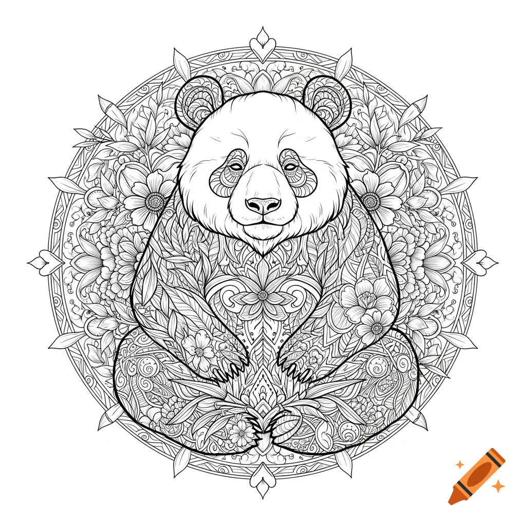 A detailed black and white illustration of a sitting panda, adorned with intricate floral and leaf patterns within a circular mandala design, ready for coloring.