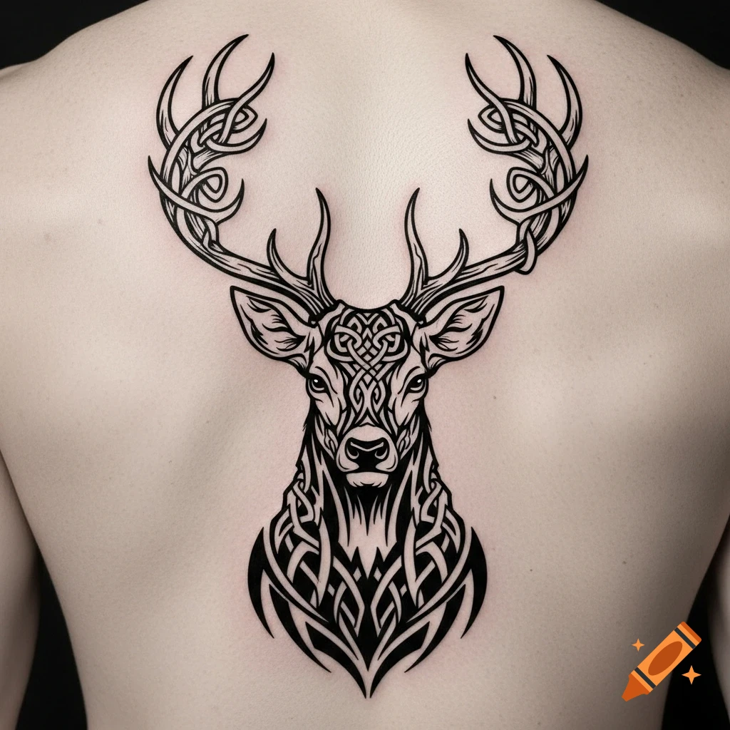 Intricate black line art tattoo of a stag head with large antlers in a Celtic tribal style on a person's upper back.