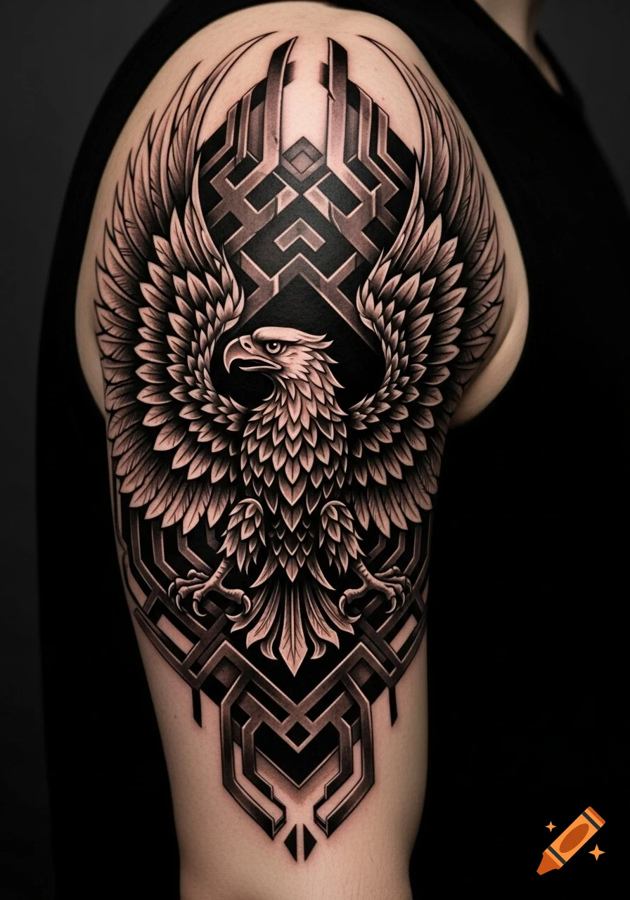 Highly detailed black and white tattoo of an eagle with outstretched wings and geometric patterns on an arm.