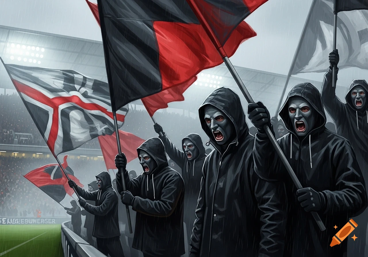 Masked football ultras in black hoodies wave red and black flags in a rainy stadium, digital illustration.