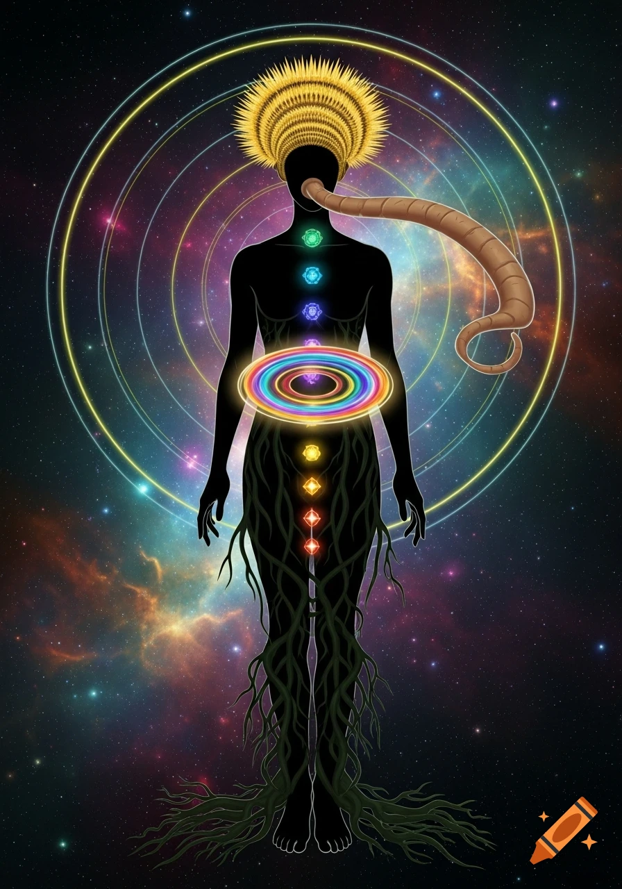 A mystical human silhouette with glowing chakras, root-like legs, a spiky golden headpiece, and a brown tube from its throat, against a cosmic background with colorful rings and spheres.
