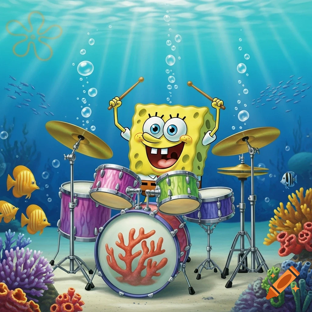 SpongeBob SquarePants happily playing a colorful drum kit underwater, surrounded by fish and coral.