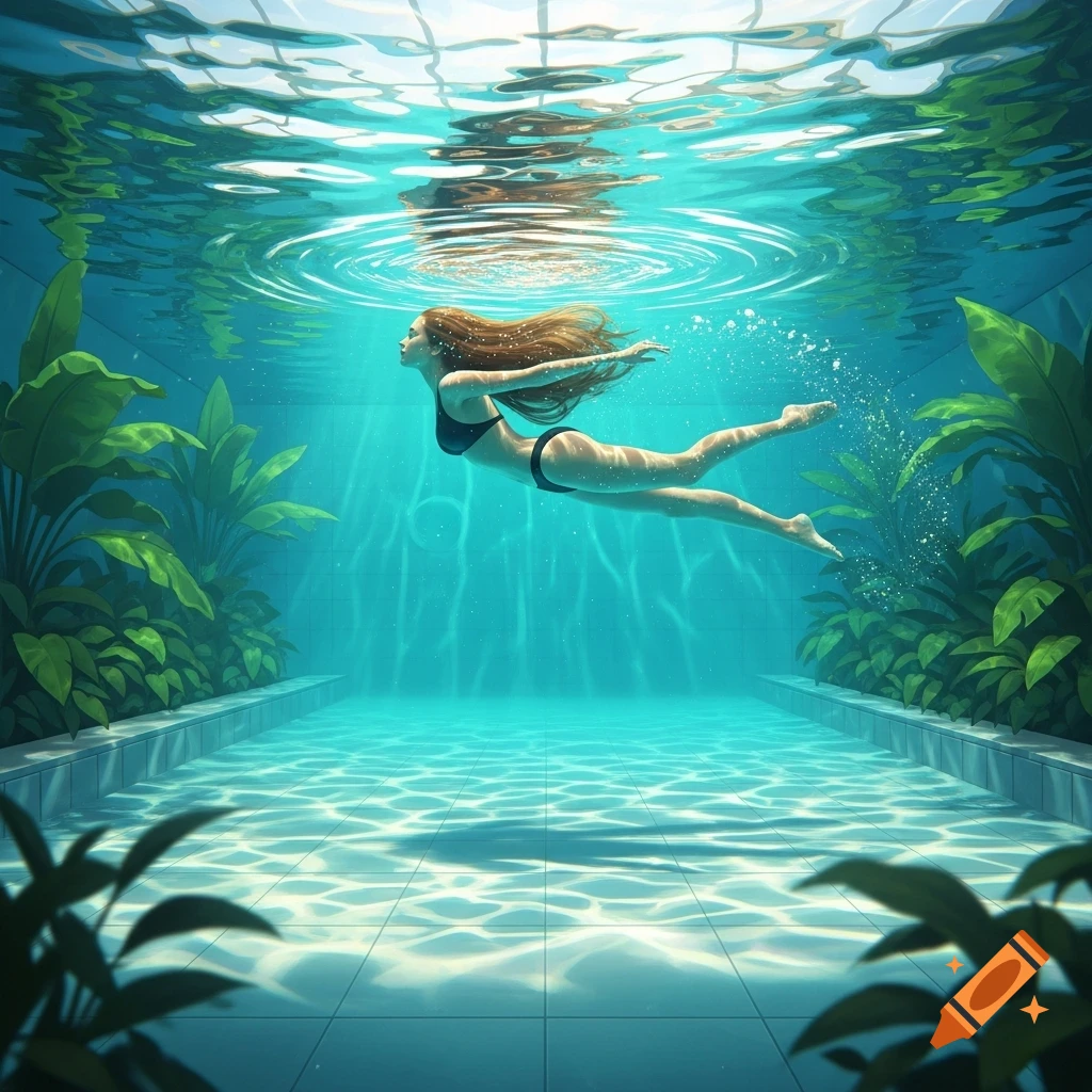 A woman with long red hair swims gracefully underwater in a bright blue pool with plants along the side.