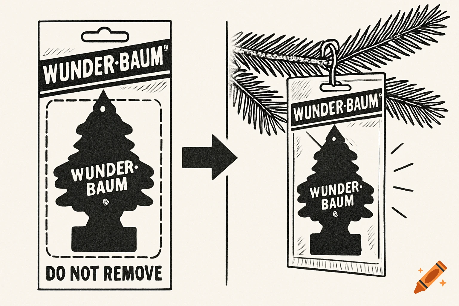 A two-step black and white illustration shows a packaged Wunder-Baum air freshener, first with "DO NOT REMOVE" text, then hanging on a fir tree branch.