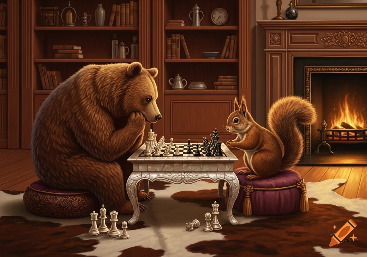 A brown bear and a squirrel play chess on a detailed white table in a cozy, wood-paneled room with bookshelves and a lit fireplace.