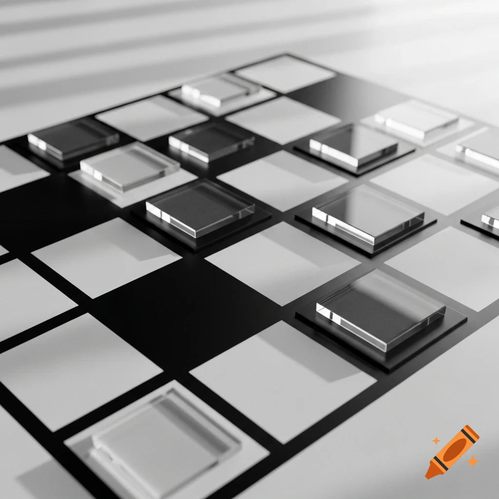 A black and white gameboard with transparent glass pieces, rendered in 3D.