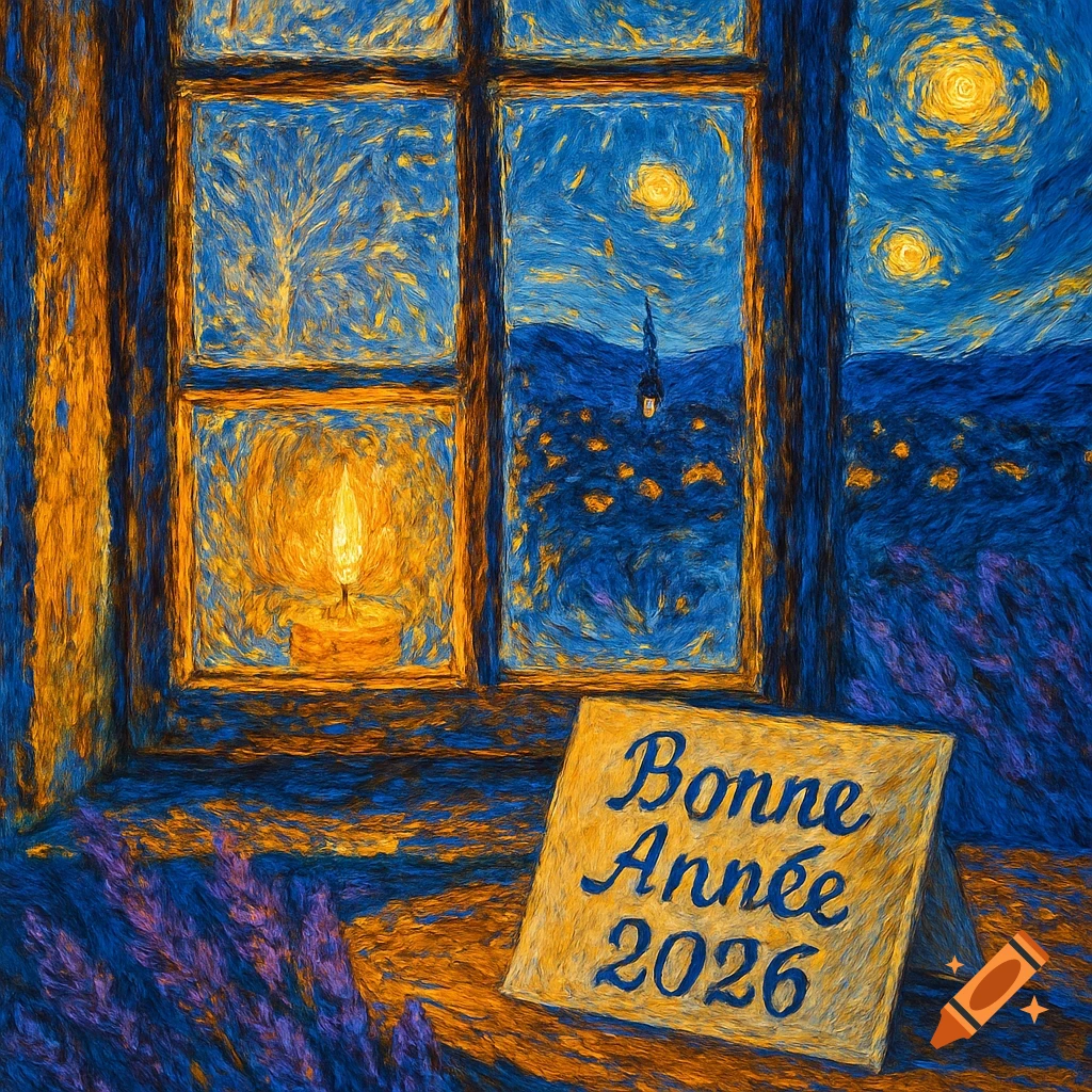 A Van Gogh-style painting of a candle in a window overlooking a starry night landscape, with a sign reading "Bonne Année 2026".