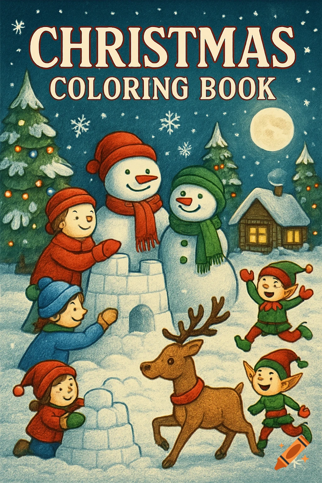 Christmas coloring book cover illustration of children, snowmen, elves, and a reindeer in a snowy winter scene under a full moon.