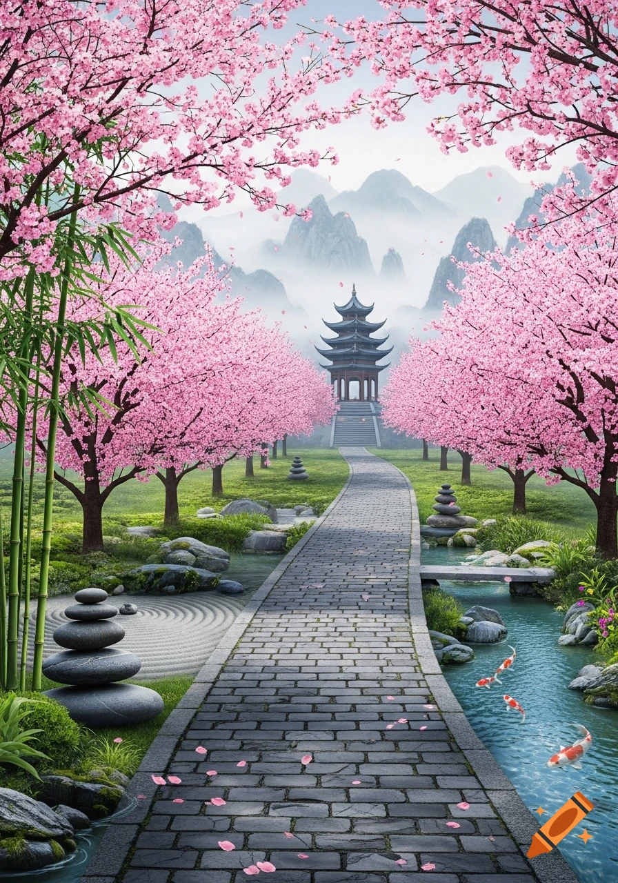 A serene garden path leading to a pagoda, framed by pink cherry blossom trees, bamboo, and a stream with koi fish.