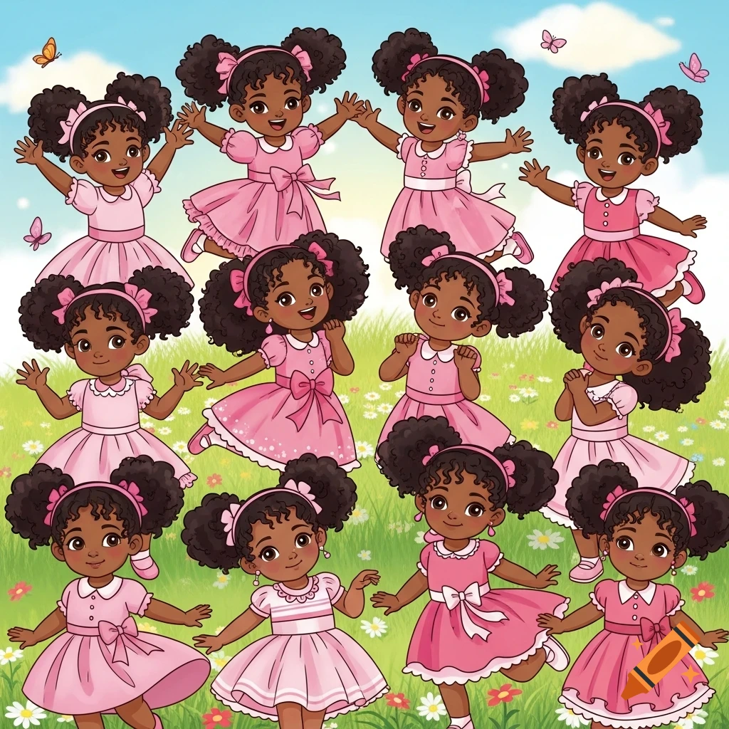 Cartoon of many happy little black girls in pink dresses, playing and posing in a grassy field with butterflies.