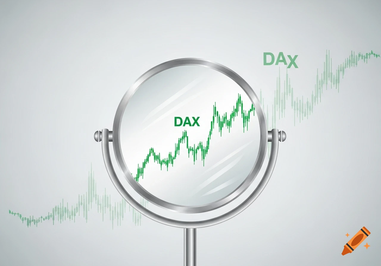 A cosmetic mirror reflects a green candlestick stock chart with the text "DAX", a faint chart visible outside the mirror.