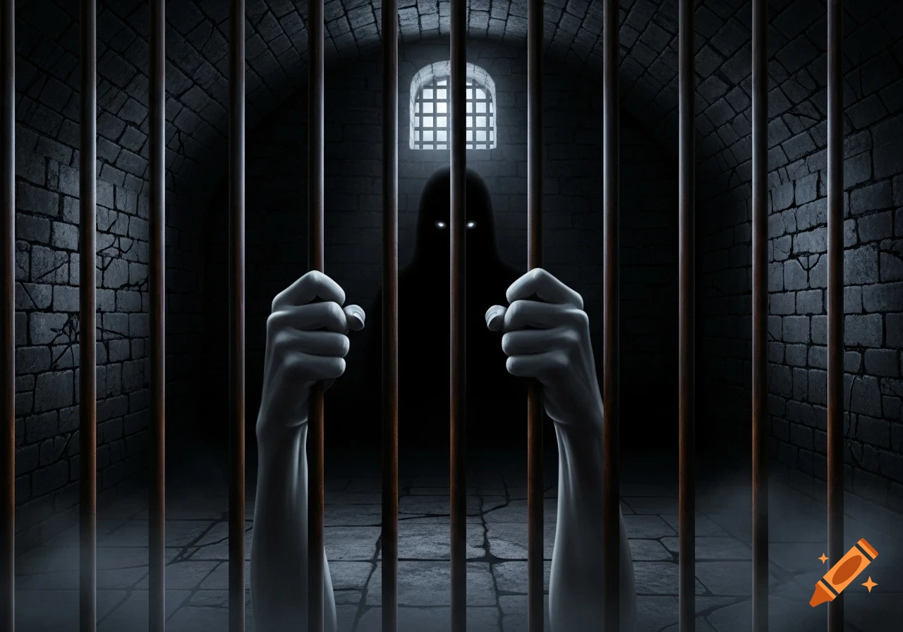 Hands clutch dark prison bars as a shadowy figure with glowing eyes looms in a stone cell.