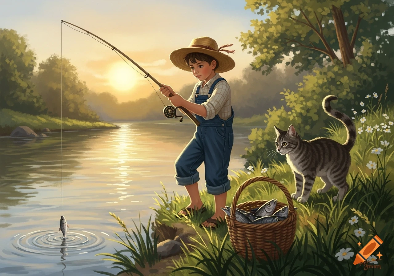 An illustrated scene of a boy fishing by a river at sunset, with a cat watching a basket of fish nearby.