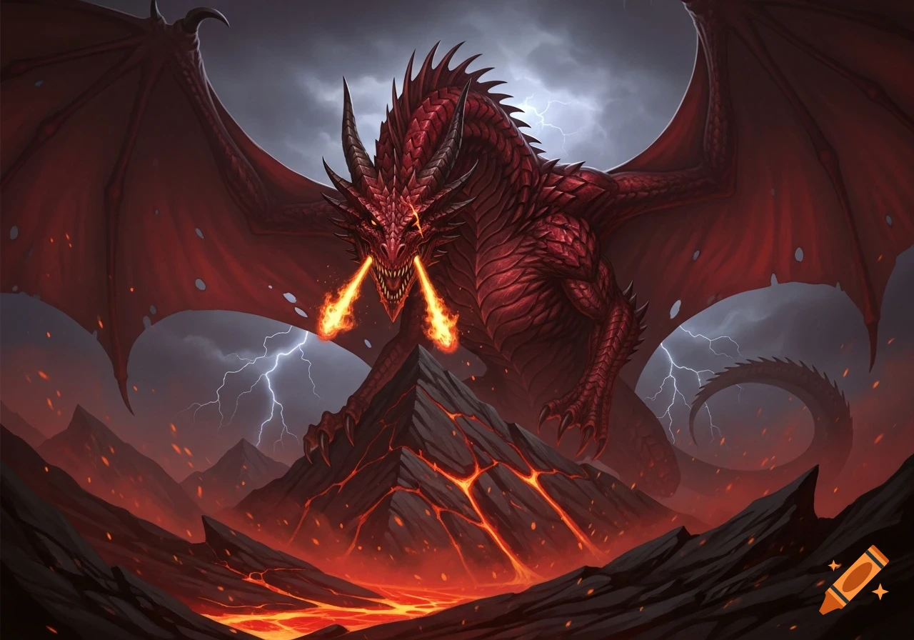An angry red dragon with large wings breathes fire over a fiery volcanic landscape under a stormy sky with lightning.