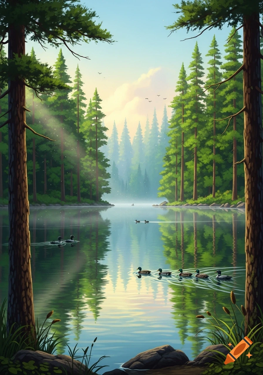 Illustrative landscape of a serene lake in a dense green forest with ducks swimming on the calm water, sun rays filter through trees.
