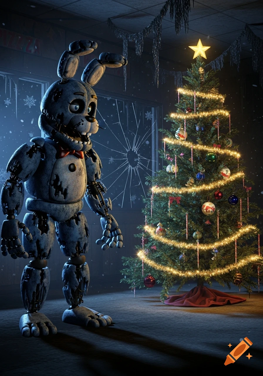 Withered Bonnie, a blue animatronic rabbit, stands beside a decorated Christmas tree in a dark, snowy room with a broken window.