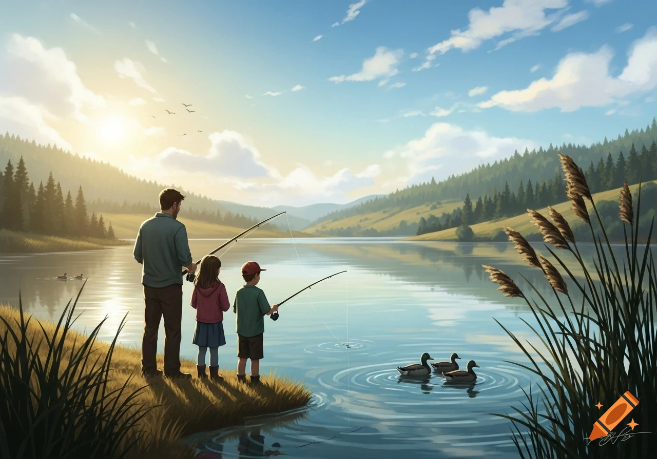 A father and two children fish in a calm lake at sunrise, surrounded by rolling hills and pine forests, with ducks swimming nearby.