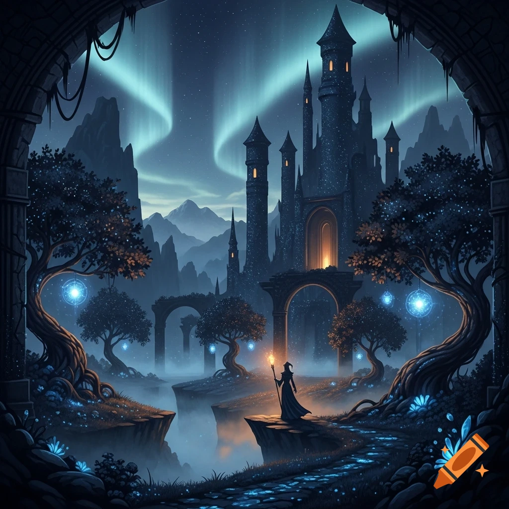 Dark fantasy landscape with a castle under aurora borealis. A wizard with a glowing staff stands on a cliff overlooking a misty valley.