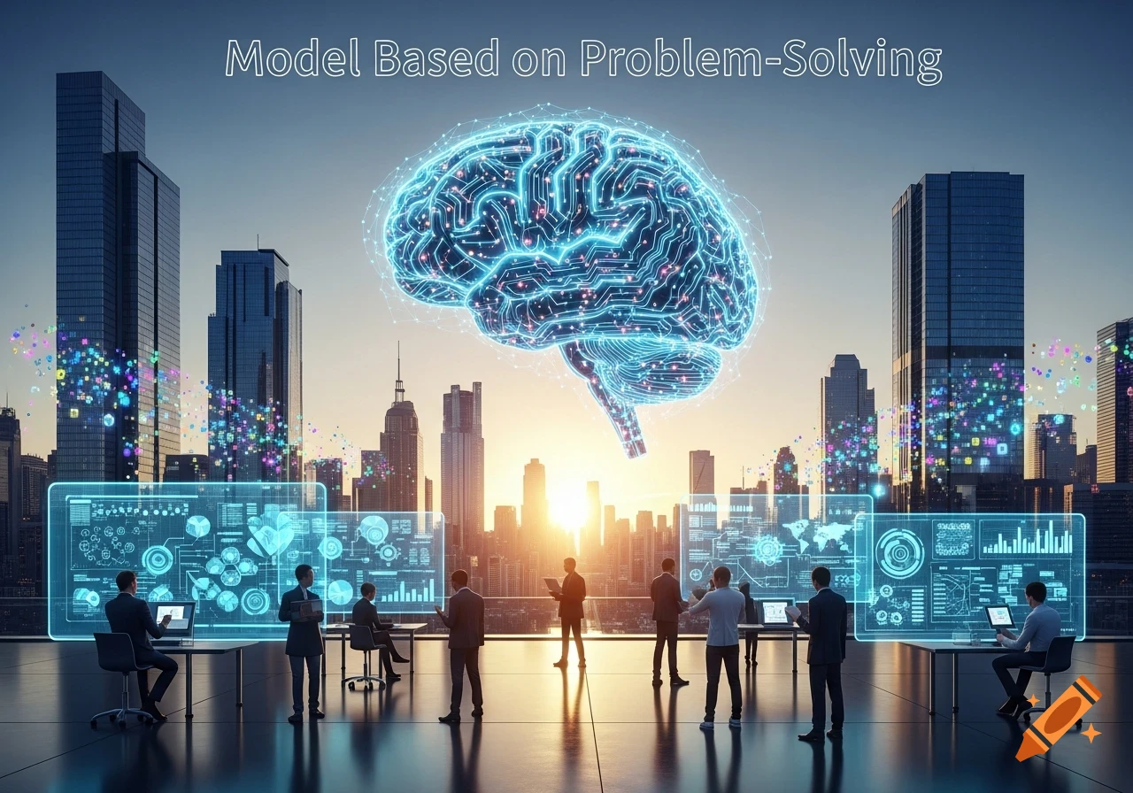 Business professionals on a rooftop viewing digital interfaces with a large glowing circuit-patterned brain floating above a city skyline at sunset. Text reads "Model Based on Problem-Solving".