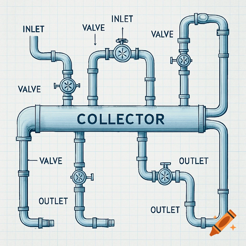A blue-shaded schematic diagram of a pipe system on graph paper, labeled with inlets, outlets, valves, and a central collector.