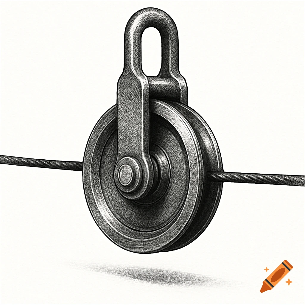 A detailed pencil sketch of a metal pulley with a wire running through it, viewed from the side on a white background.