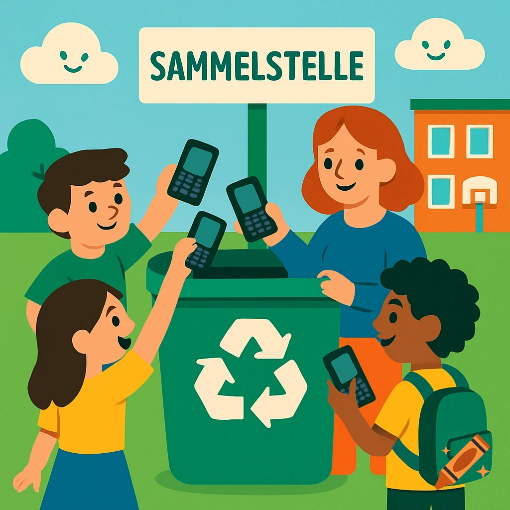 Cartoon illustration of children and a woman recycling old mobile phones into a green bin at a collection point.