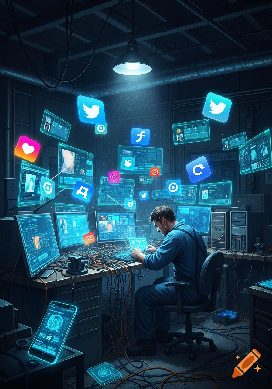 A man in a dark room sits at a desk covered in computers and tangled wires, surrounded by glowing social media icons floating in the air. He is looking at a laptop, seemingly stressed.
